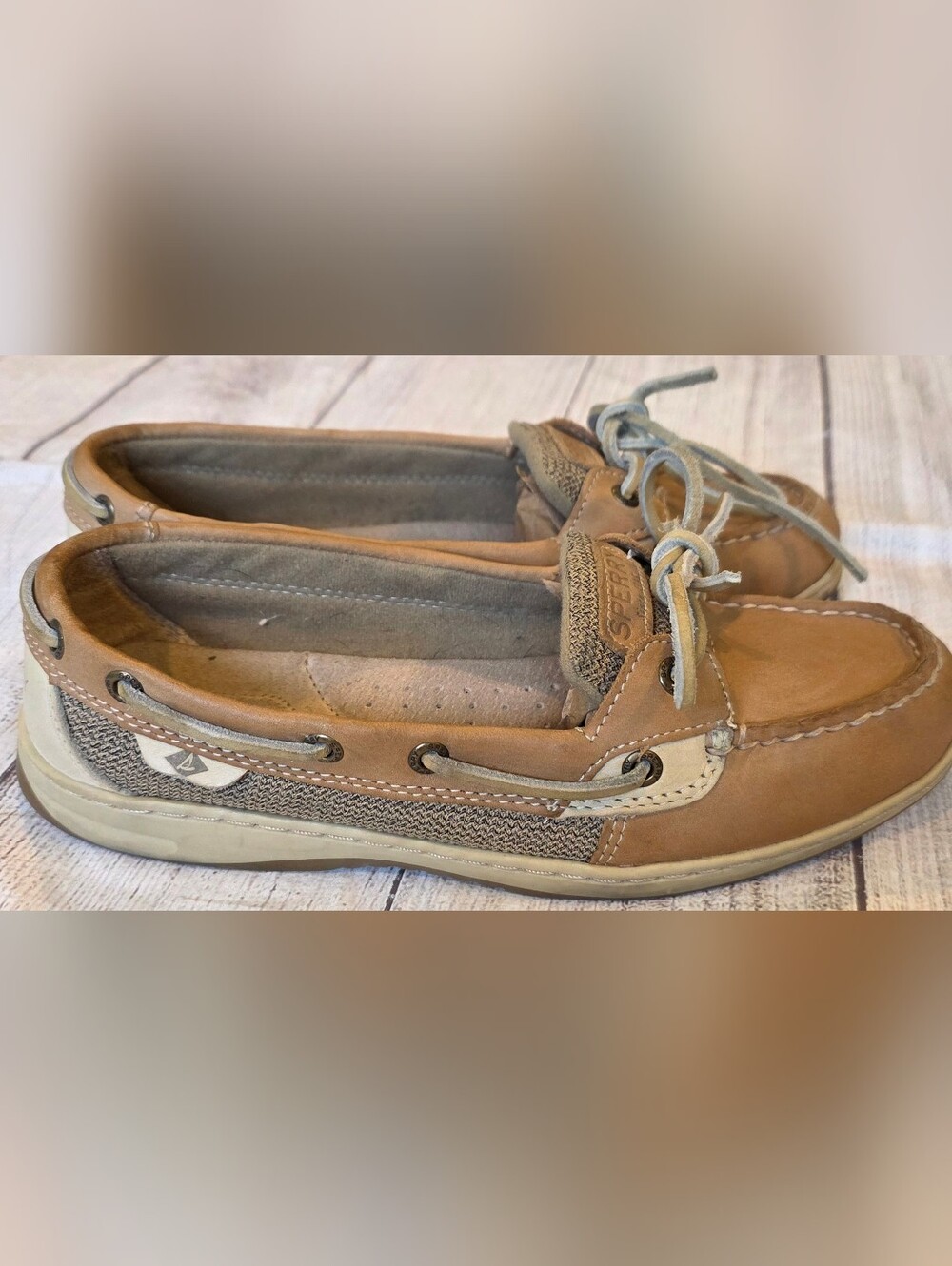 Sperry Top-Sider Women Size 8.5 Slip On Angelfish Tan Leather Boat Shoes Preppy